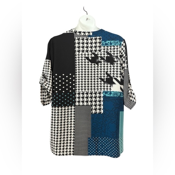 NWT, Claire France, Plus Size Patchwork Blouse, 18W, Black, White, Blue - Picture 6 of 9